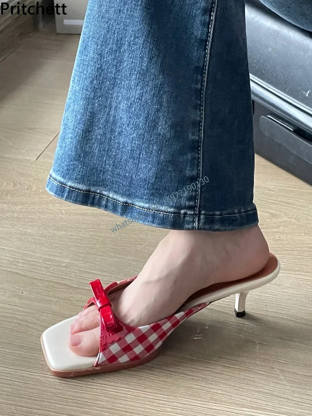 Retro Plaid Bow Sandals Kitten Heels White Red French Style Peep Toe Shoes Mixed Color Sweet and Cute Women's Vocation Shoes