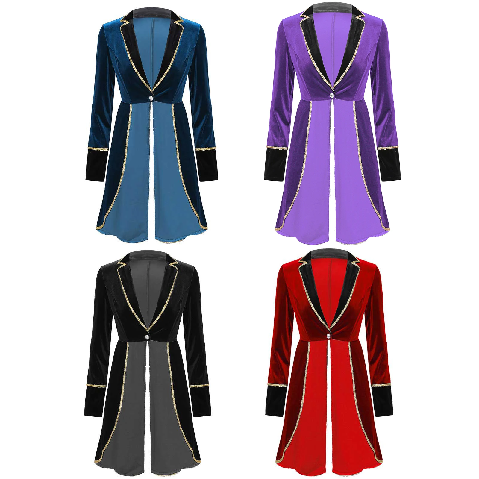 Womens Halloween Long Sleeve Circus Tuxedo Jacket CostumeRingmaster  Cosplay Velvet Swallow-Tailed Coat Showman Outfit