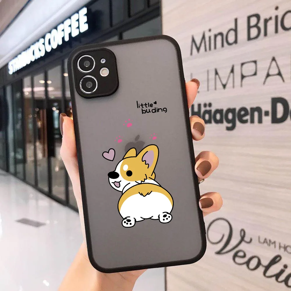 GYKZ Cartoon Dog Corgi Phone Case For iPhone 14 15 13 12 11 Pro XR X XS MAX SE2 8 Plus Pink Love Heart Transparent Matte Coque