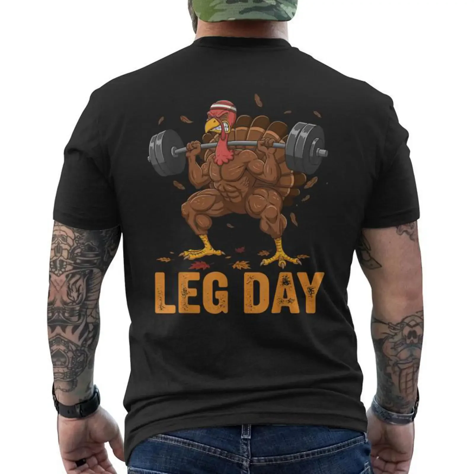 Thanksgiving Turkey Leg Day Gym Workout Fitness Squat Men's T shirt Back Print Monsterry vintage Washed fashion Comfortable