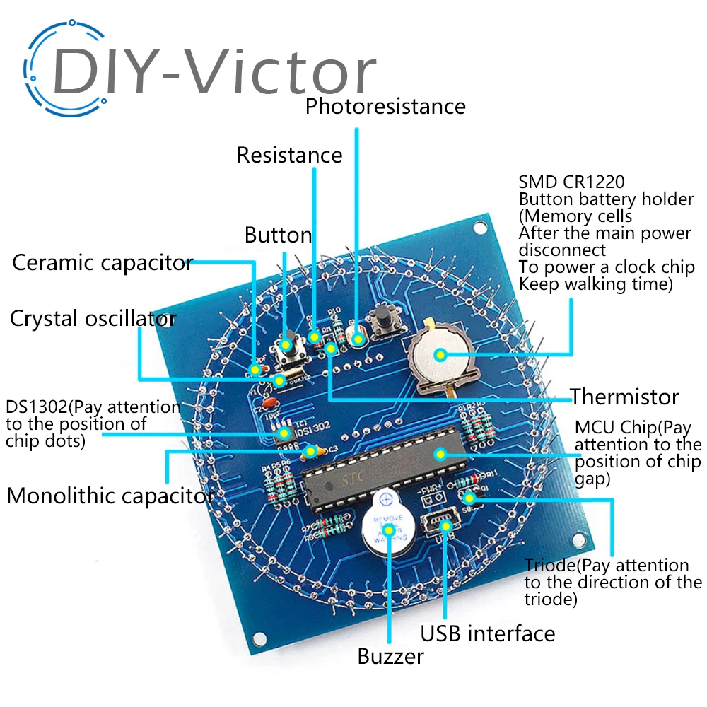 Rotating LED Display Alarm Electronic Clock Module Water Lamp DIY Kit Light Control Temperature DS1302 C8051 MCU STC15W408AS