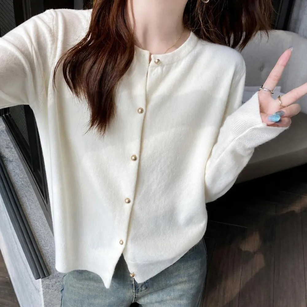 Loose Fit Long Sleeve Knit Cardigan Solid Color Single Breasted Women Sweater Round Neck Women Cardigan