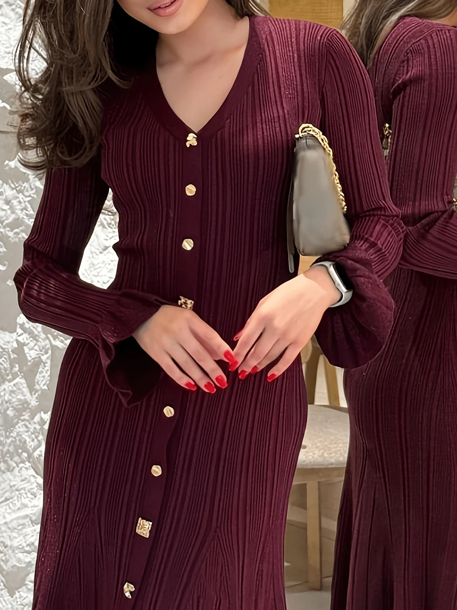 VGH فساتين محبوكة كلاسيكية على الطراز الفرنسي للنساء بياقة على شكل V وأكمام طويلة وخصر عالٍ فستان أنيق ثنيات موضة نسائية جديدة #4