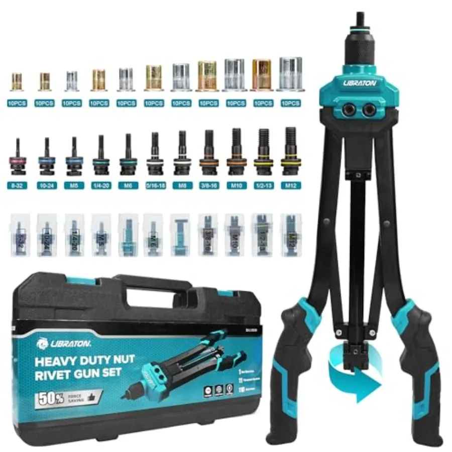 

Rivet Nut Tool 16" Rivnut Tool Kit Hand Rivet Nut Tool kit with 11PCS Metric and SAE Interchangeable Mandrels 110PCS Rivet Nuts