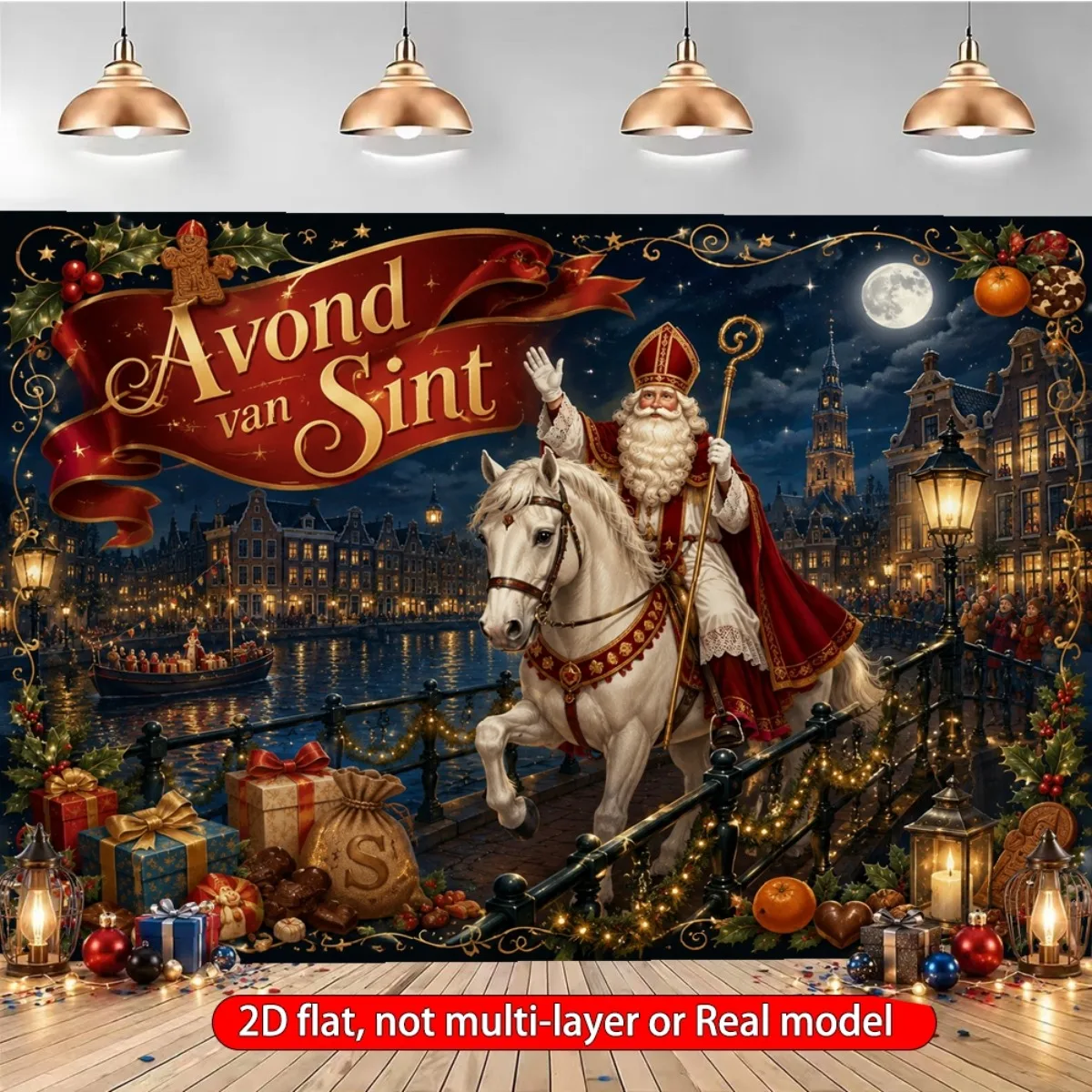 2D FLAT 1pc Sinterklaas Holiday Festive Vintage Canal Night, Backdrop for Event, Photography Background, Home Decor Banner