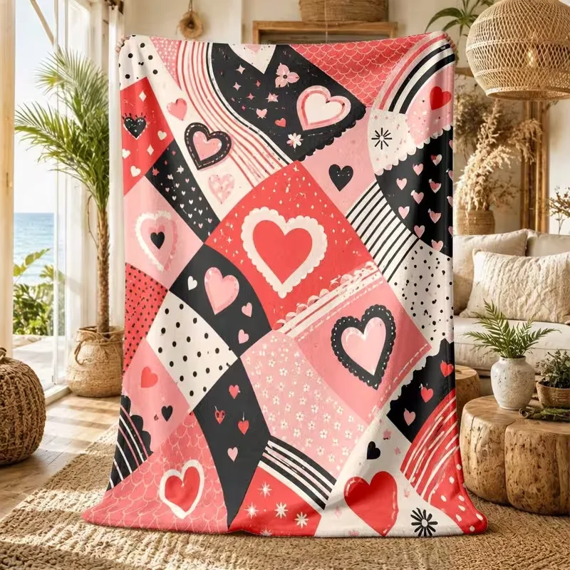 Red Pink Heart Patchwork Print Throw Blanket Polka Dot Stripe Floral Splicing Pattern Soft Warm Decor Blanket For All Season