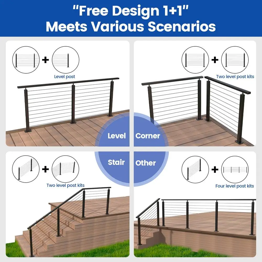 Set completo Kit per ringhiera per cavi scale da 42 pollici Design senza giunture da 10-15 piedi Facile installazione Acciaio inossidabile premium Finitura nera Muzata