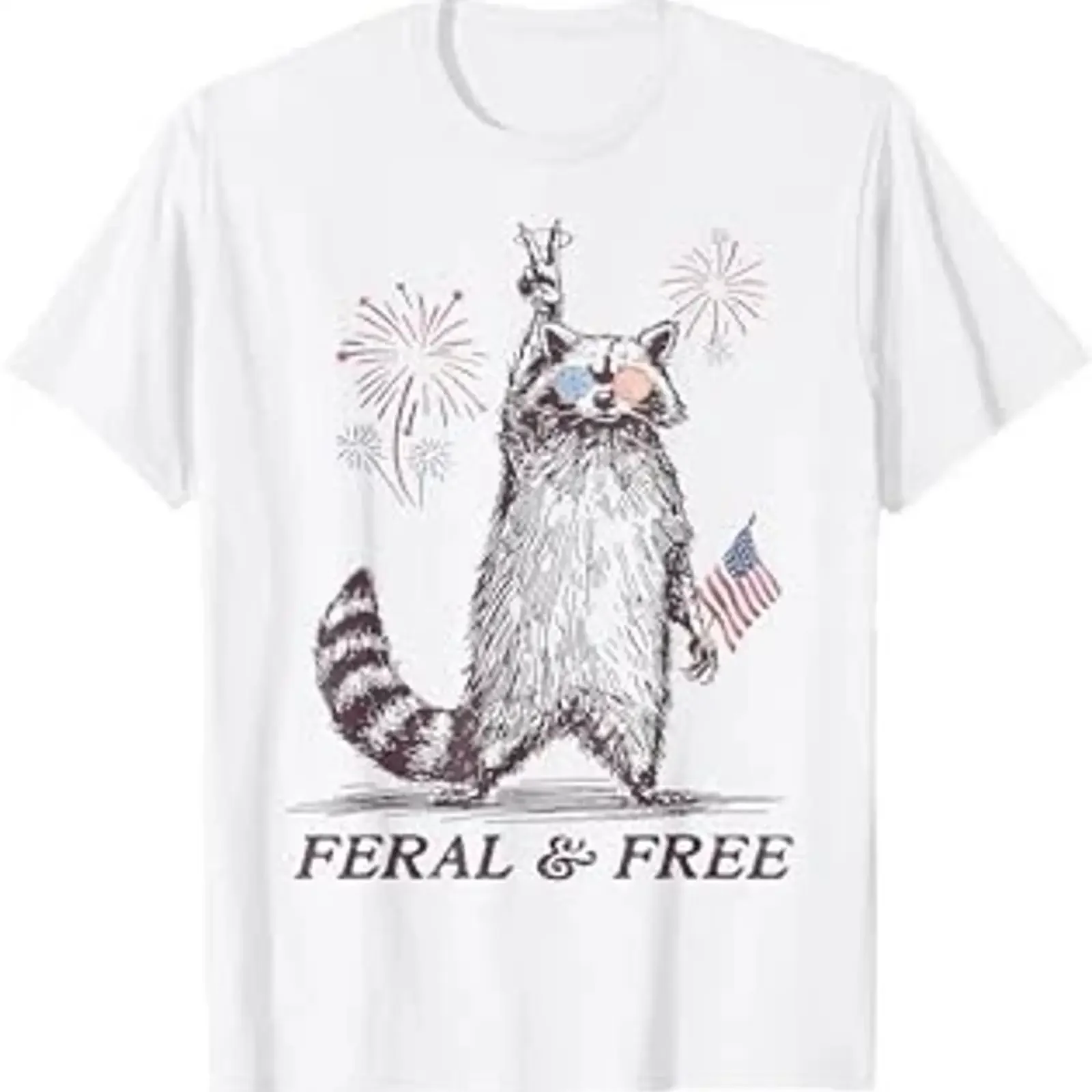 Feral Free Funny Patriotic Racoon And 4th July T Shirt vintage Washed streetwear fashion Casual Breathable graphic Soft