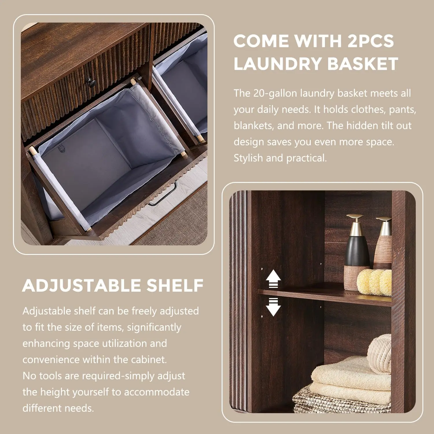 Triple Tilt Out Laundry Hamper Cabinet Trash Can Cabinet Brown Customized image 4