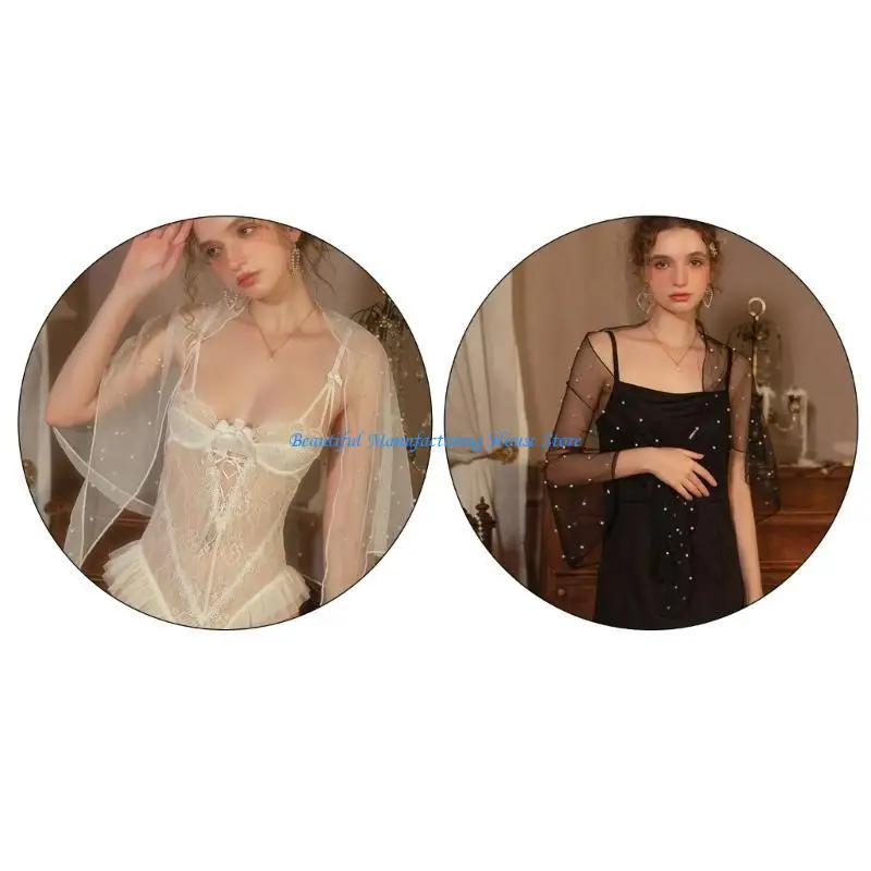 E56A Bride Tulle Shawl Beadwork Shoulder Wrap Evening Gown Half Shawl Accessories Engagement Event Beadwork Shawl Wrap