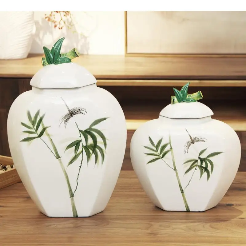 Green Bamboo Painted Ceramic Jar with Lids Crafts Storage Jars Cosmetic Containers Artificial Flower Decorative Floral Vase