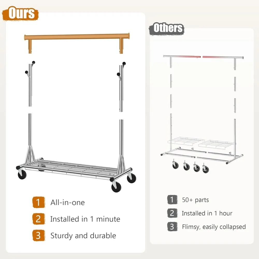 Appendiabiti in metallo resistente con capacità di 530 libbre, può contenere 200 pezzi, pieghevole, portaoggetti portatile con ruote