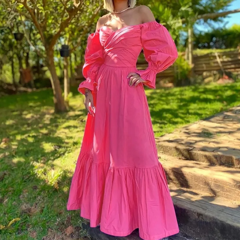 

Women Dresses Solid Dress Pleated Swinging Collar Half Sleeves Ankle Length Empire Cinched Waist Slim Fit Casual 2026 Spring