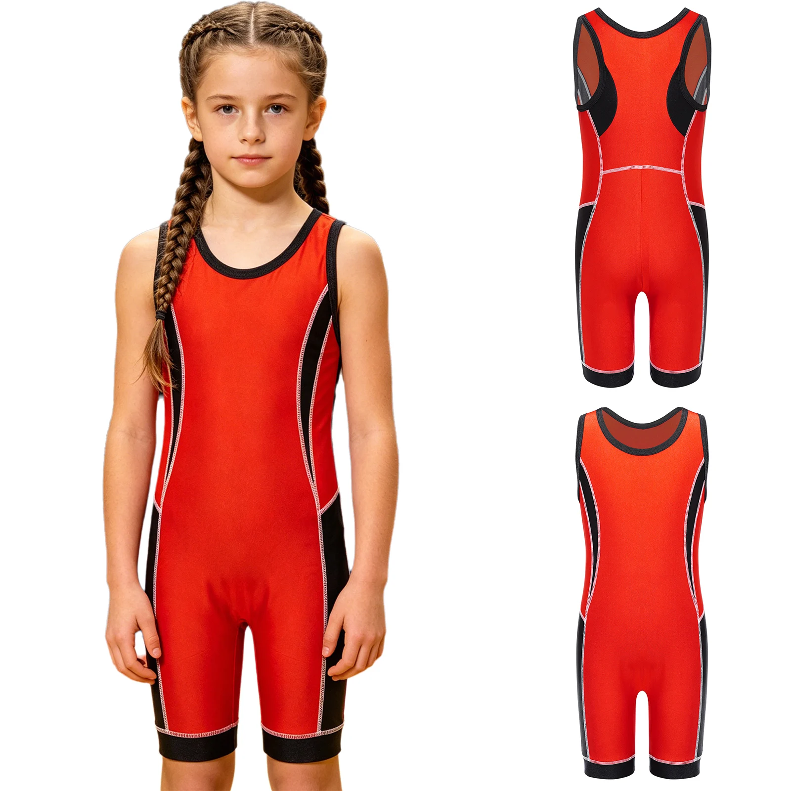 Kinder-Ringertrikot für Jungen und Mädchen, farbblockiert, schnelltrocknend, ärmellos, Oberschenkel-lange Bodysuit für Sport, Training, Übungen und Radfahren – Detail 28