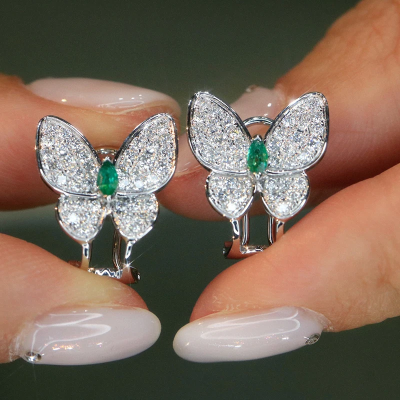 KUGG 100% 18K White Gold Earrings Luxury Butterfly Shape Natural Diamond Natural Emerald Earrings for Women High Party Jewelry