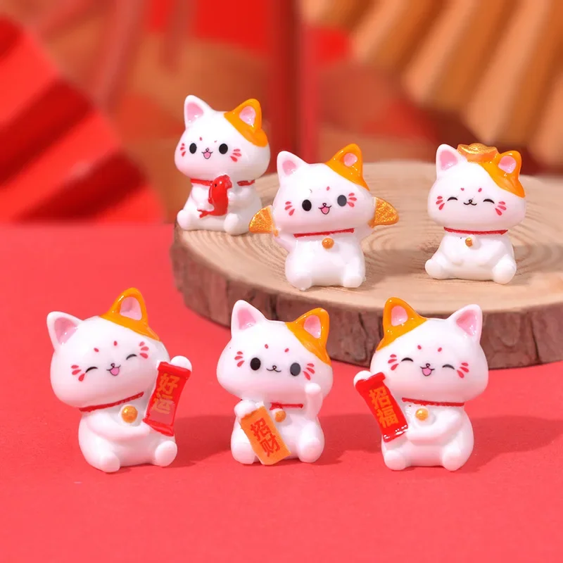 6pcs Figurines Miniature Cute Lucky Cat Micro Landscape Crafts Ornaments For Home Decorations Animal Car Decor Room Accessories