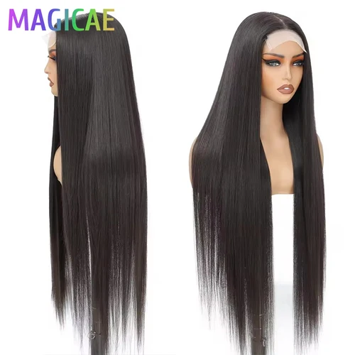 Imagen 2 del producto Pelucas delanteras de encaje recto de 36 pulgadas, 330 gramos, Rubio P27/613, marrón castaño, pelucas de encaje 4X4 transparentes sintéticas resistentes al calor