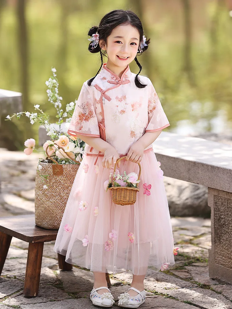 

2025 Summer New Girls Chinese Style Tang Suit Hanfu Dress Set Costume Kids Student School Uniform Children Birthday Gift
