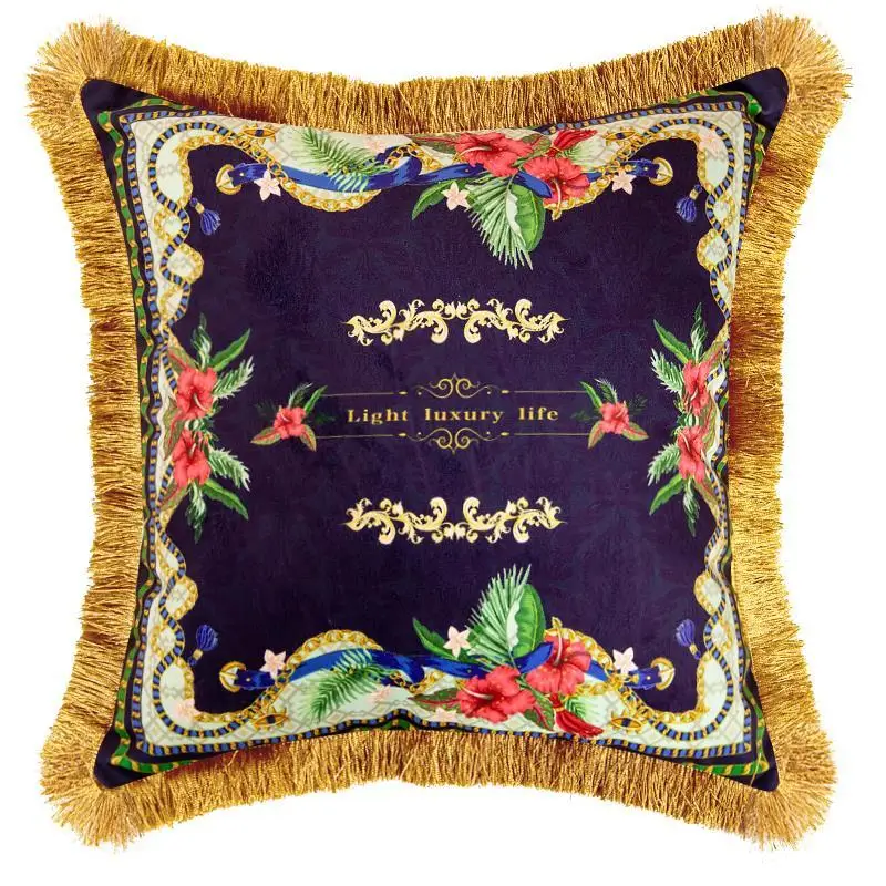 Luxury American Style Cushion Cover Double Sided Print Velvet Tassel Pillowcase For Sofa Living Room