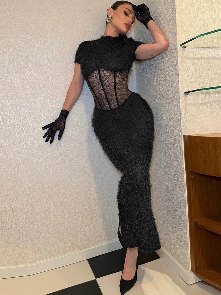 Nibber Sexy Patchwork Lace Maxi Dress Women False Fishbone Decoration o-Neck Button See Through Skinny Party Midnight Vestidos