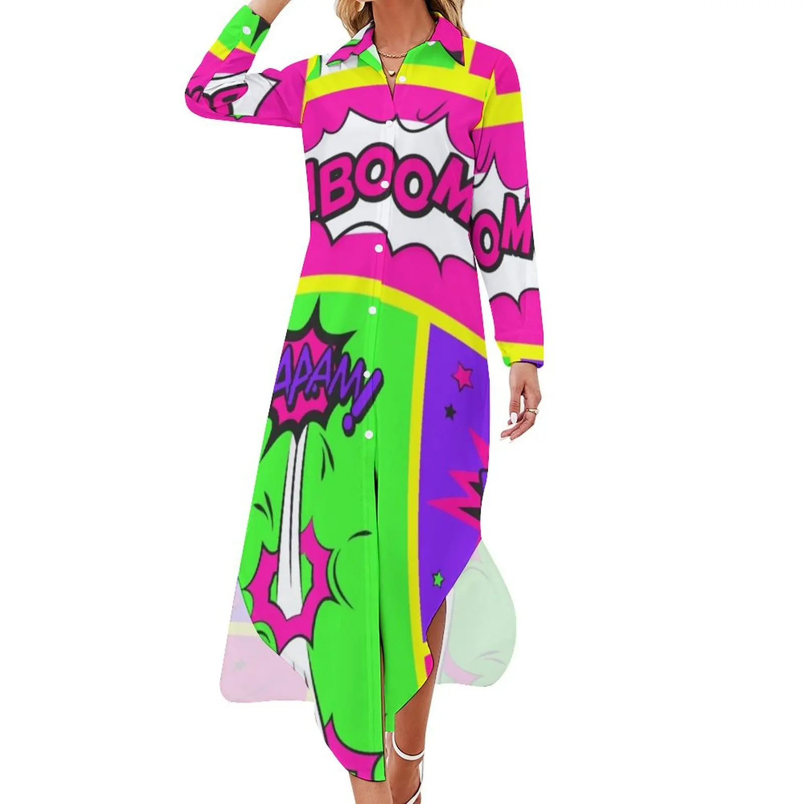 

Bright and Colorful Comic Book Art Long Sleeved Shirt Dress sexy short dresses daring elegant women's dresses for wedding