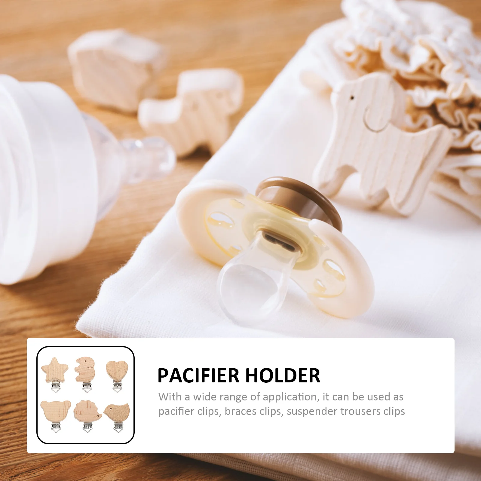 

6Pcs Beech Pacifier Clips Cartoon Animal Shape Infant Teether Holders Beech Pacifier Clips Suspender Braces Holder