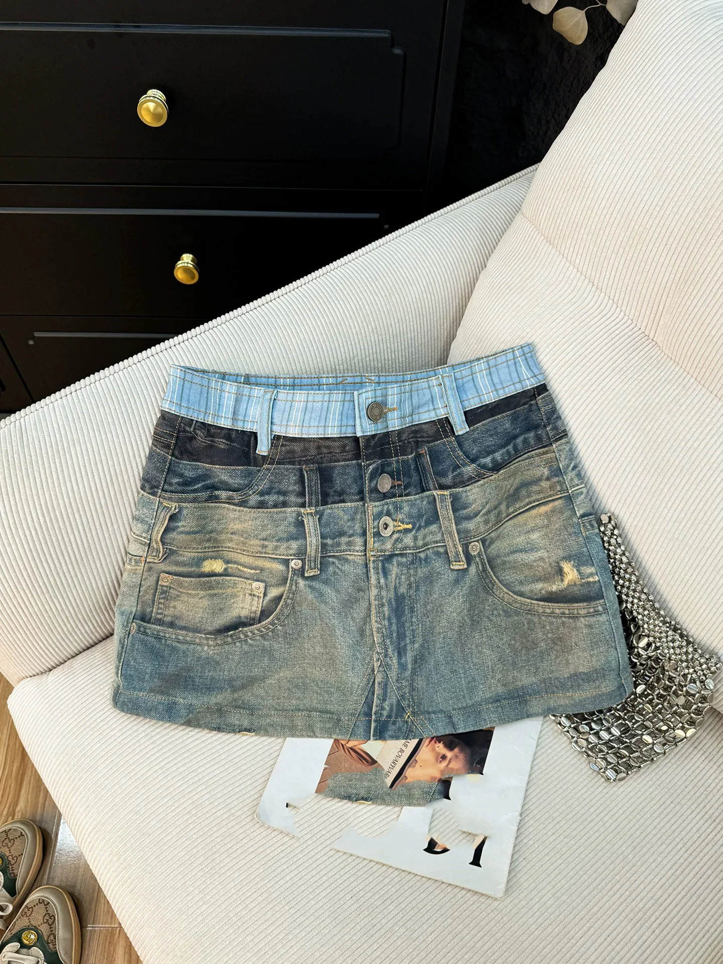 Multi Waisted Patchwork Printed Denim Skirt American Casual Fashionable High Street Contrast Color Washed Women's Short Skirts