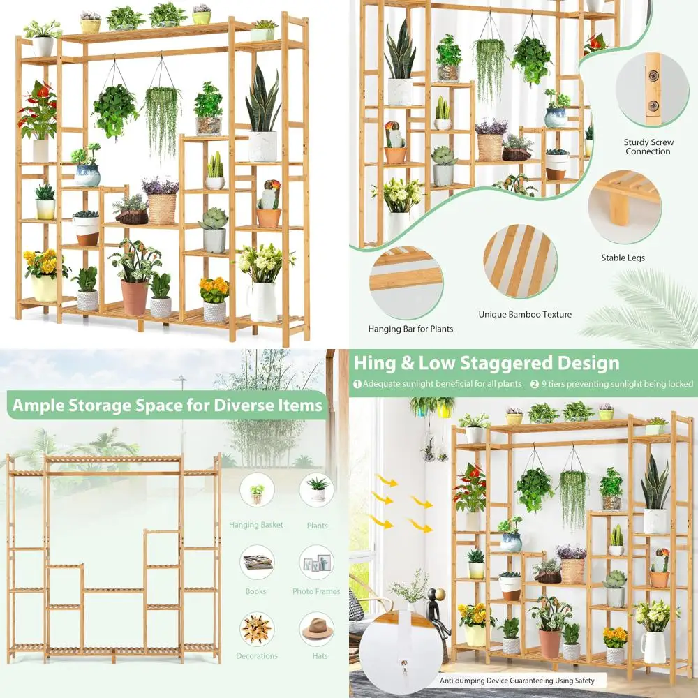 

Двойная бамбуковая подставка для растений с подвесной стойкой и функцией защиты от опрокидывания, универсальная полка с высоким и низким держателем для угловых цветов P