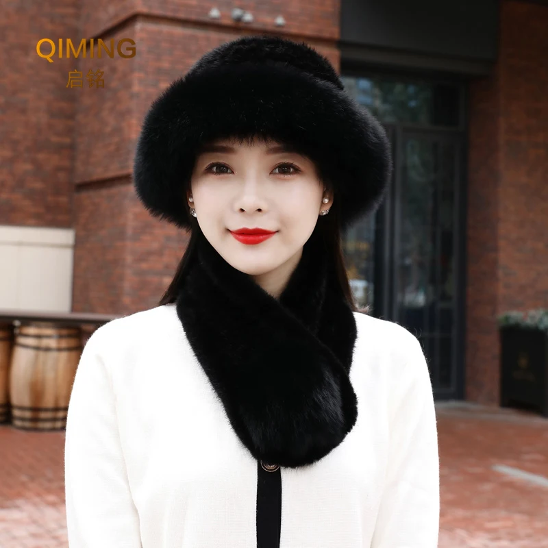 Winter Beanie Real Fur Hat Fur Scarf Suit Fashion Beanies Warm Women Knit Caps Mink Hats With FOX Fur Ladies Cap Hat For Woman