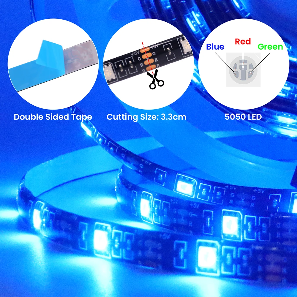 5V 5050 2835 RGB LED Strip Light Battery Power Remote Control 30 60 Leds Flexible Tape Waterproof Home Decoration 0.5m 1m 2m 5m