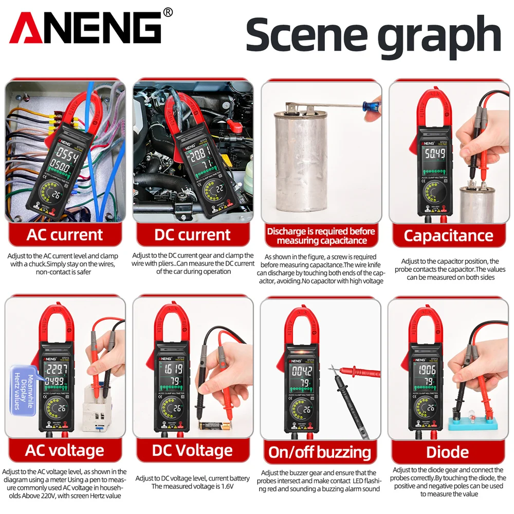 ANENG ST213 Digitale stroomtang DC/AC-stroom 6000 tellingen 400A Amp Multimeter Groot kleurenscherm Spanningstester Auto Hz NCV Ohm