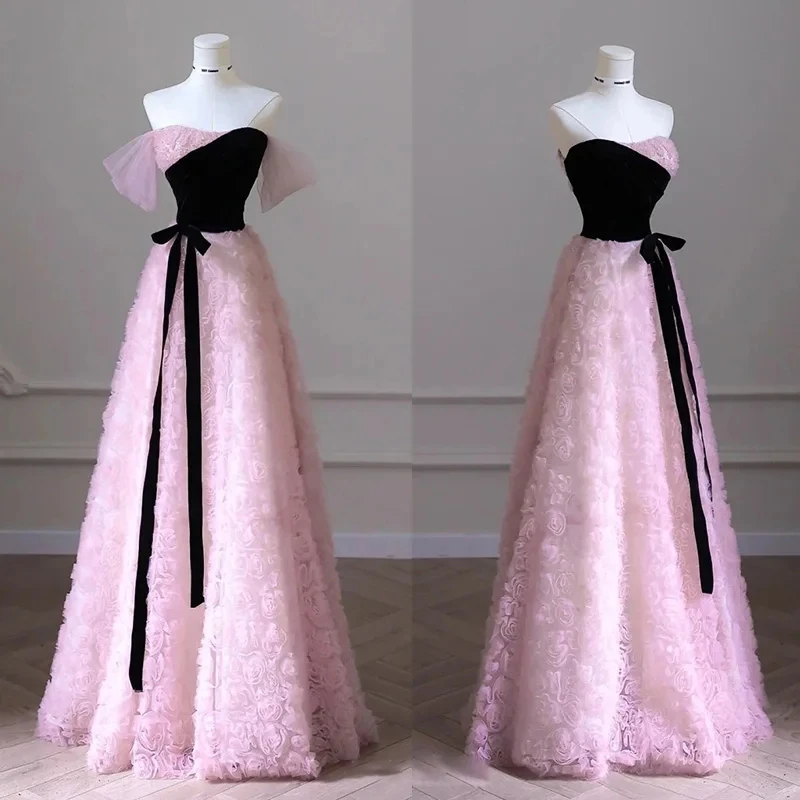 

Evening Dress Pink Rose Tulle Black Velvet Strapless Removable Sleeves A-line Floor Length Plus size Women Party Formal Gowns