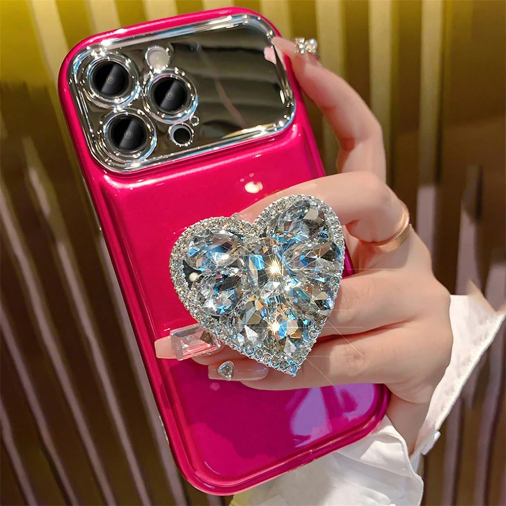 Korean Plating Large Window Phone Case For iPhone 13 15 Pro Max 14 Pro 12 11 Diamond Heart Mirror Holder Cover