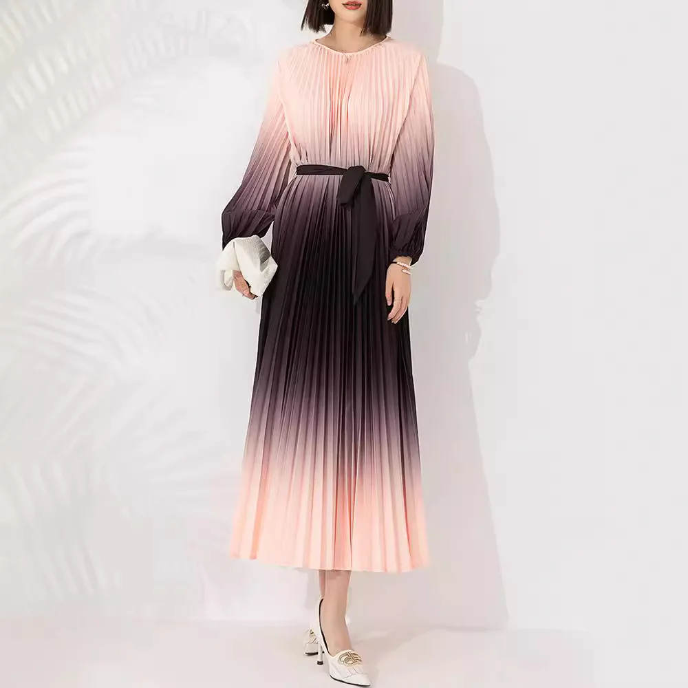 

Miyake Pleated High-end French Elegant Dress for Women 2024 New Fashion Temperament Gradient Color Waist Tie Pleated Long Skirt