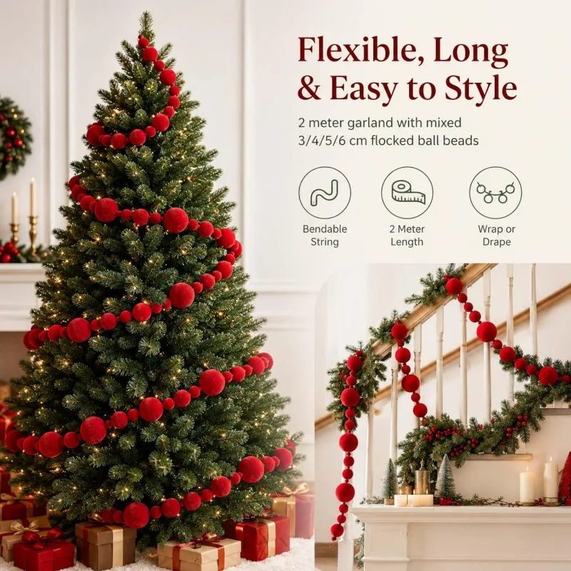 Christmas Velvet Ball String Wine Red Flocking Ball Ornament Hanging Pom Pom Pendents for DIY Garland New Year Party