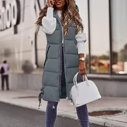 Piumino lungo senza maniche da donna Giacca con cerniera solida Gilet con cappuccio Gilet allentato Moda femminile Casual Cappotto invernale caldo