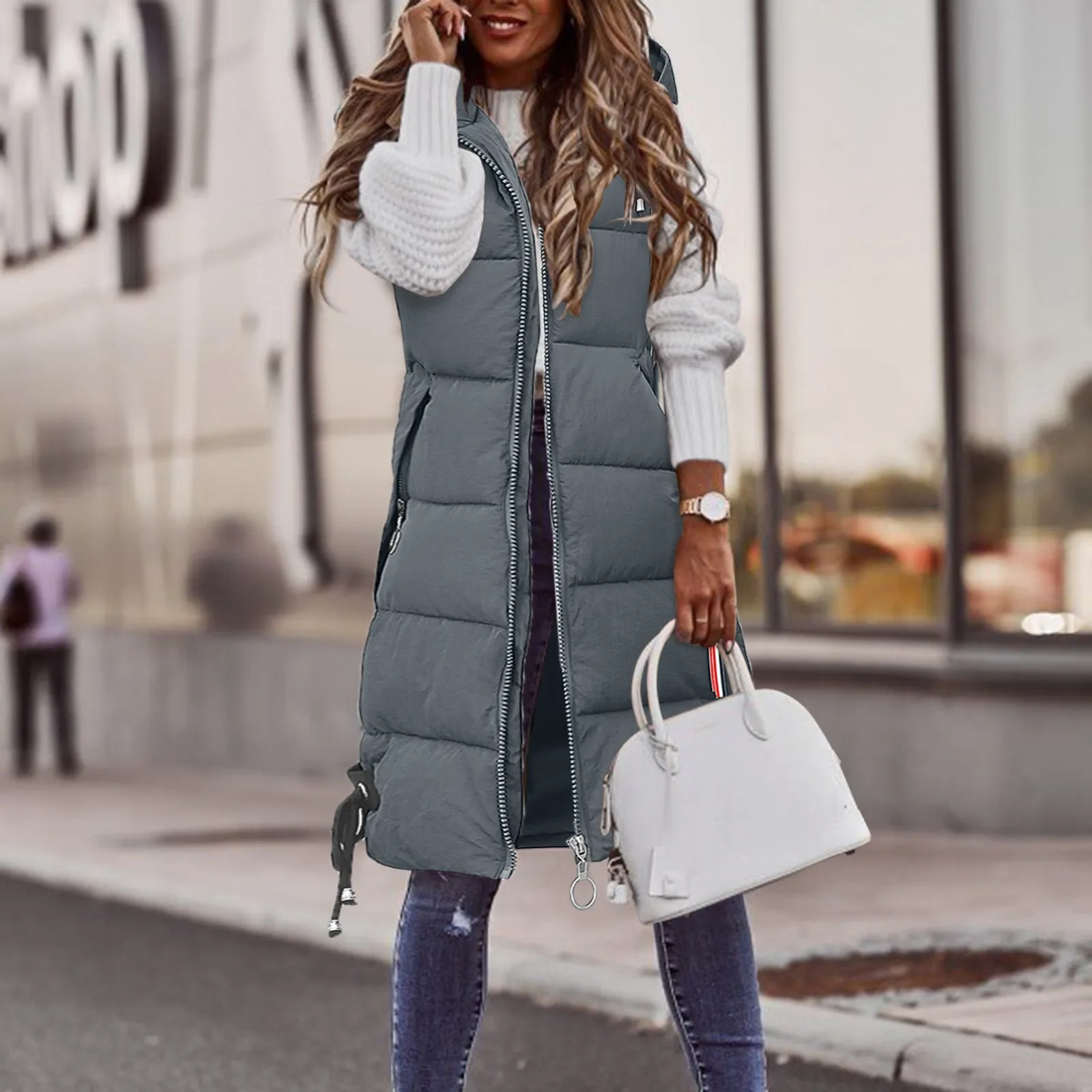 Women's Sleeveless Long Down Vest Jacket Solid Zipper Hooded Vests Waistcoat Loose Female Fashion Casual Winter Warm Coat