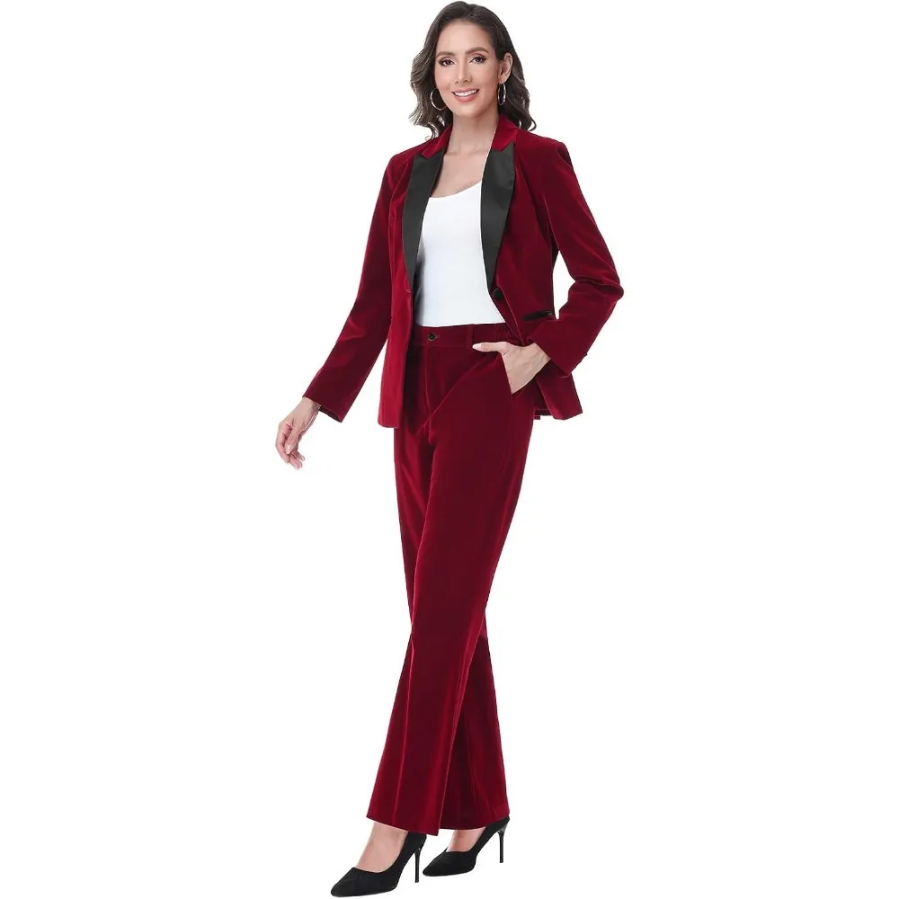 

Women Pantsuit Dressy Silver Thread Velvet 2 Piece Suit Set Blazer and Flared Pants