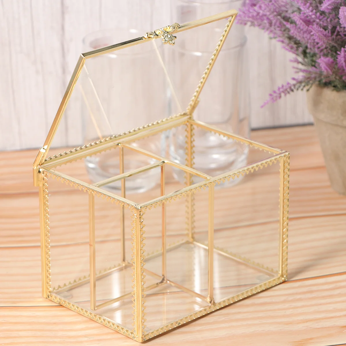 

1Pcs Cosmetics Storage Box Transparent Glass Golden Trim Desktop Organizer Jewelry Holder Geometric Makeup Case