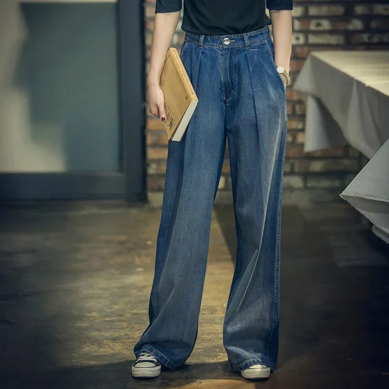 2026 New Women Wide Leg Jeans Spring Autumn Korean Loose High Waist Denim Straight Pants Female Large Size Long Pantalon Trouser