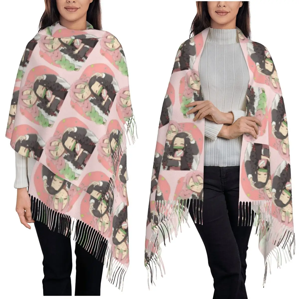 Mitsuri Kanroji And Iguro Obanai Scarf Tassel Scarves for Women Soft Warm Shawls and Wraps Large Fall Winter Shawl Wrap