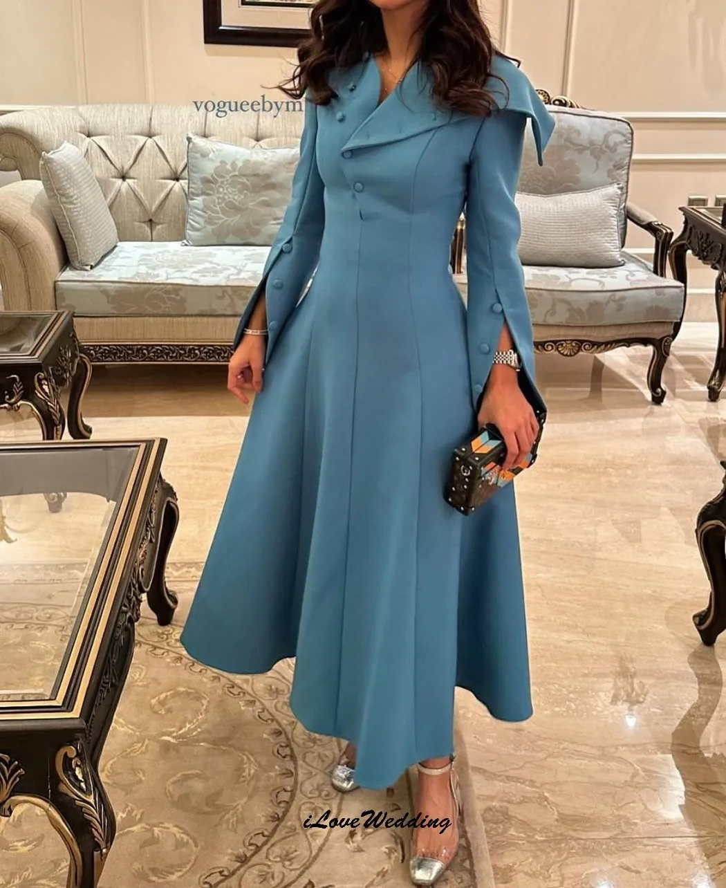 فساتين لحضور الحفلات الموسيقية الأزرق على شكل حرف a أنيقة 2025 فساتين سهرة بأكمام طويلة وأزرار فساتين رسمية لحفلات الزفاف للنساء حسب الطلب #1