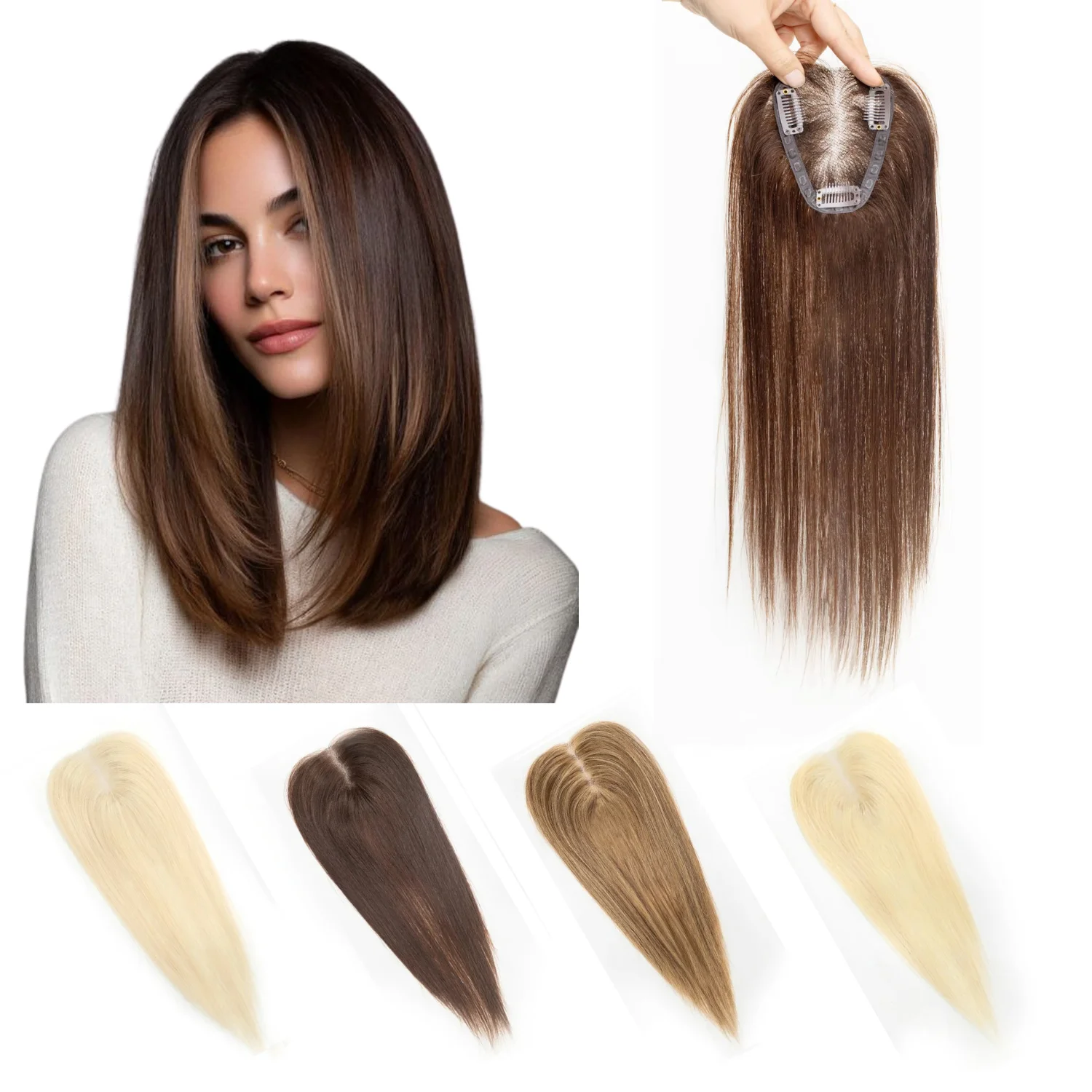 

Накладки для волос 16 дюймов для женщин, 3 крепления на клипсах, шелковая основа, 30 грамм, омбре коричневый, прямые, из натуральных волос, для наращивания волос