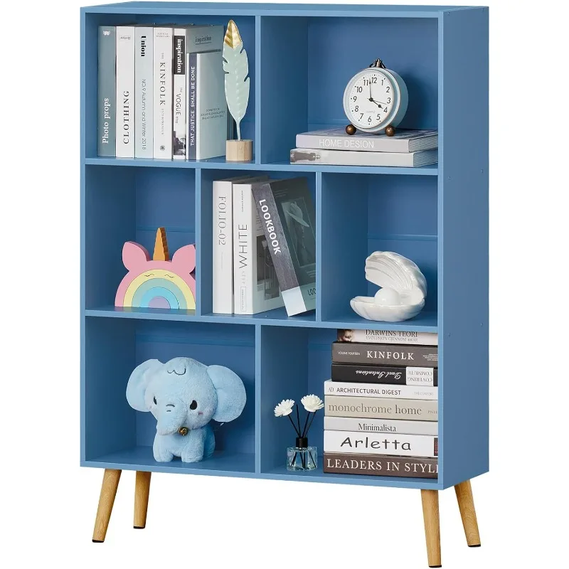 

7 Cube Bookshelf, Blue Kids Book Shelf with Cubby Storage,Wooden Modern Bookcase with Legs,3 Tier Freestanding Display Book