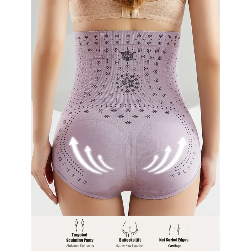 2025Damskie majtki modelujące z wysokim stanem i wyszczuplającym brzuch Oddychająca mieszanka nylonu i spandexu Wzór płatka śniegu Hollow Out