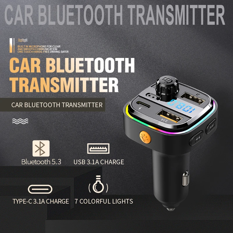 Car Bluetooth 5.0 FM Transmitter Handsfree Dual USB 3.1A Fast Charger Ambient Light Cigarette Lighter Car Interior Accessories