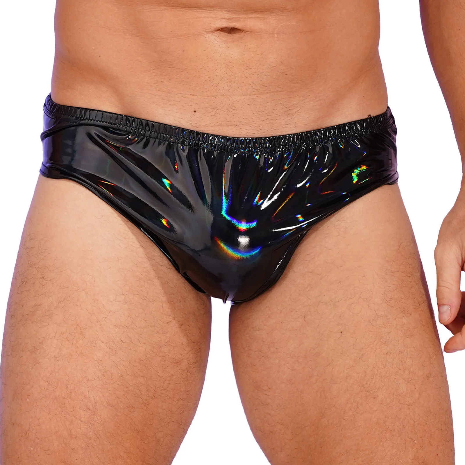 Mens Wet Look Patent Leather Underwear Pole Dancing Rave Costume Glossy Appearance Briefs Panties Elastic Waistband Underpants