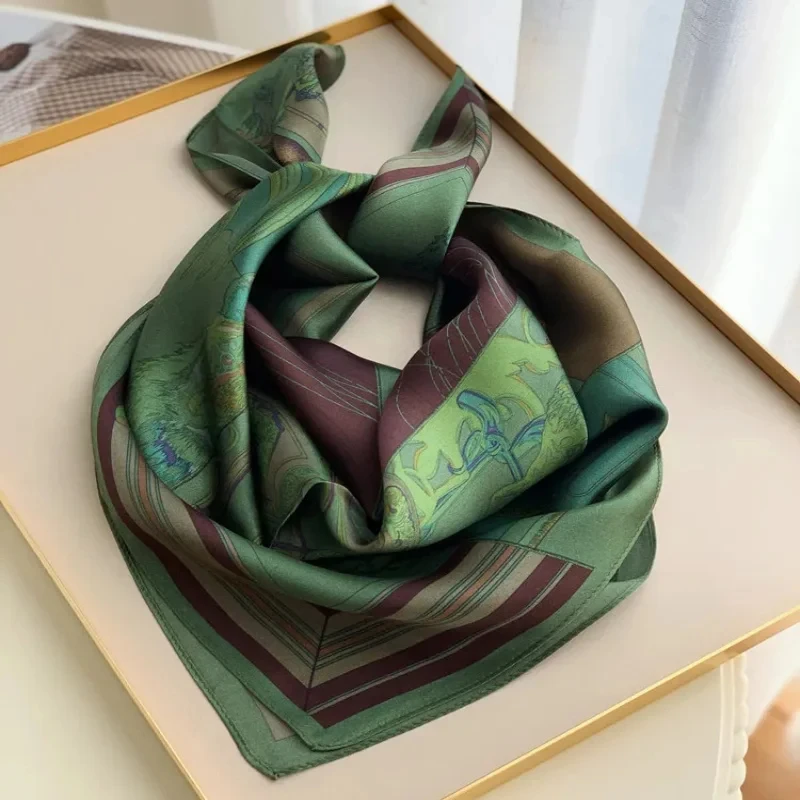 Luxury Green Print Square Scarf Simulated Silk Thin Satin Neck Scarf Elegant Ladies Professional Decorative Small Scarf