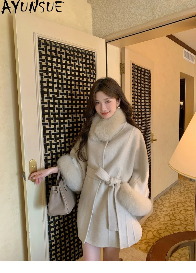 AYUSNUE Women Wool Double-Faced Cape Coat  Fox Fur Sleeve Cashmere Cloak Outerwear Female Winter Clothes Fashion New 2026 Пальто