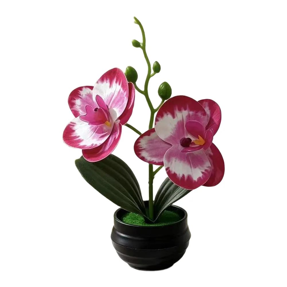 Planta de Orquídea Artificial con Pétalos Realistas y Maceta Negra con Rayas para Decoración de Sala de Estar, Dormitorio y Baño